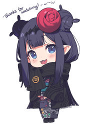Rule 34 | 1girl, :3, :d, artist name, blunt bangs, blush, chibi, commentary, double bun, english commentary, fang, flower, full body, hair bun, hair flower, hair ornament, haori, headpiece, highres, hololive, hololive english, japanese clothes, kimono, looking at viewer, mole, mole under eye, ninomae ina&#039;nis, ninomae ina&#039;nis (artist), ninomae ina&#039;nis (new year), open mouth, pointy ears, purple eyes, purple hair, scarf, self-portrait, simple background, smile, solo, standing, takodachi (ninomae ina&#039;nis), thank you, virtual youtuber, white background