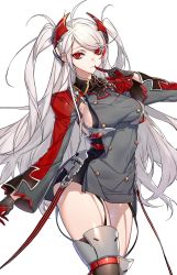 1girl azur_lane breasts double-breasted finger_to_mouth garter_straps gloves grey_hair highres hoe-l long_hair looking_at_viewer medium_breasts mole mole_on_breast multicolored_hair prinz_eugen_(azur_lane) solo streaked_hair thighhighs thighs twintails two_side_up white_background