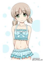 Rule 34 | 10s, 1girl, aki (girls und panzer), bikini, blonde hair, blue bikini, blush, breasts, collarbone, flipper, girls und panzer, green eyes, groin, looking at viewer, navel, one-hour drawing challenge, simple background, small breasts, smile, solo, swimsuit, twintails, white background