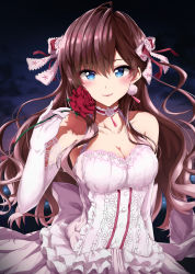 Rule 34 | 1girl, absurdres, ahoge, blue eyes, blush, bow, breasts, brown hair, choker, cleavage, closed mouth, collarbone, dress, earrings, elbow gloves, flower, gloves, hair between eyes, hair bow, hair ribbon, highres, ichinose shiki, idolmaster, idolmaster cinderella girls, idolmaster cinderella girls starlight stage, jewelry, lips, long hair, looking at viewer, medium breasts, raidensan, red flower, red rose, ribbon, rose, sleeveless, sleeveless dress, smile, solo, wavy hair, white bow, white dress, white gloves, white ribbon
