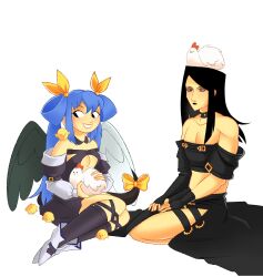Rule 34 | 1other, angel wings, asymmetrical gloves, asymmetrical sleeves, asymmetrical wings, bare shoulders, bird, black hair, blue hair, chick, chicken, choker, collar, detached sleeves, dizzy (guilty gear), fingerless gloves, gloves, guilty gear, guilty gear x, guilty gear xx, hair ribbon, hair rings, happy, highres, kegush, long hair, midriff, puffy sleeves, red eyes, ribbon, smile, studded collar, tail, tail ornament, tail ribbon, testament (guilty gear), thighhighs, twintails, wings