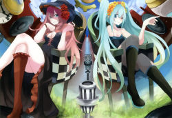 Rule 34 | 2girls, aqua eyes, aqua hair, bare shoulders, blue eyes, boots, breasts, chair, cleavage, crossed legs, flower, grass, hatsune miku, highres, long hair, medium breasts, megurine luka, microphone, microphone stand, multiple girls, one eye closed, pantyhose, pink hair, rose, shoes, single shoe, sitting, smoking pipe, tansuke, twintails, very long hair, vocaloid, wink