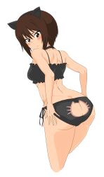 Rule 34 | 1girl, absurdres, animal ears, ass, ass cutout, back, blush, breasts, brown eyes, brown hair, butt crack, cat cutout, cat ears, cat lingerie, clothing cutout, crop top, fake animal ears, from behind, girls und panzer, highres, large breasts, leaning forward, looking back, meme attire, nishizumi maho, panties, short hair, solo, umeta shirisuke, underwear