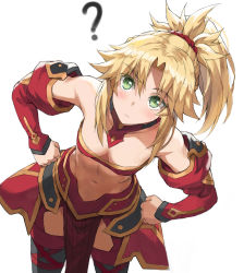Rule 34 | 1girl, ?, armor, bandeau, bare shoulders, black thighhighs, blonde hair, blush, braid, breasts, collarbone, detached collar, detached sleeves, fate/apocrypha, fate (series), faulds, french braid, green eyes, hair ornament, hair scrunchie, highres, leaning forward, leaning to the side, long hair, looking at viewer, mordred (fate), mordred (fate/apocrypha), navel, parted bangs, pelvic curtain, ponytail, scrunchie, sidelocks, simple background, small breasts, solo, thighhighs, thighs, tonee, unfinished