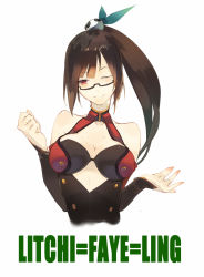 Rule 34 | 1girl, arc system works, bad id, bad pixiv id, bare shoulders, black hair, blazblue, blazblue: calamity trigger, breasts, character name, cleavage, glasses, hair ornament, highres, lao jiu, litchi faye ling, long hair, medium breasts, one eye closed, ponytail, red eyes, shin (anbqqcb), solo, wink