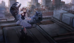 Rule 34 | 1girl, absurdres, animal ears, arknights, breasts, building, china dress, chinese clothes, city, cleavage, cleavage cutout, clenched hand, clothes around waist, clothing cutout, dress, eyewear on head, feater (arknights), fei mao, grey hair, highres, jacket, jacket around waist, large breasts, multicolored hair, on roof, panda ears, power fist, solo, streaked hair, sunglasses, twintails, v