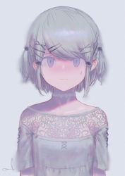 Rule 34 | 1girl, :|, blouse, blue background, bow choker, breasts, choker, closed mouth, commentary, green hair, grey shirt, hair ornament, hairclip, highres, lace, lace-trimmed shirt, lace trim, looking at viewer, muted color, original, reoen, shirt, short hair, short sleeves, signature, simple background, slit pupils, small breasts, solo, sweatdrop, swept bangs, two side up, white choker, x hair ornament