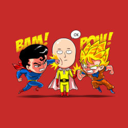 Rule 34 | 3boys, artist request, bald, bodysuit, cape, chibi, crossover, dc comics, dragon ball, dragonball z, kryptonian, lowres, male focus, multiple boys, one-punch man, red background, saitama (one-punch man), simple background, son goku, super saiyan, superman, superman (series)