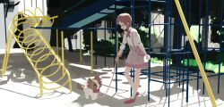 1girl brown_hair closed_eyes clothing_cutout commentary cropped_shirt day dog foliage from_side heel_up highres holding holding_leash inukai_iroha inukai_komugi inukai_komugi_(dog) leash long_hair midriff neck_ribbon open_mouth orval outdoors pet_walking pink_footwear pink_skirt playground precure red_ribbon ribbon shadow shoes short_hair_with_long_locks short_sleeves shoulder_cutout sidelocks sideways_mouth skirt smile socks solo standing suspender_skirt suspenders symbol-only_commentary white_socks wide_shot wonderful_precure!