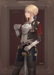 Rule 34 | 1girl, absurdres, alternate costume, animal ears, artist name, artoria pendragon (all), artoria pendragon (fate), belt, black jacket, blonde hair, boots, braid, brown footwear, capelet, cjmy, closed mouth, commentary request, cowboy shot, cup, earrings, elbow gloves, fate/stay night, fate (series), french braid, gloves, green eyes, hair bun, highres, holding, holding cup, holding sword, holding weapon, jacket, jewelry, long hair, long sleeves, looking to the side, looking up, military, military jacket, military uniform, open clothes, open jacket, red capelet, ribbon-trimmed footwear, saber (fate), sheath, sidelocks, single hair bun, solo, sword, tassel, teacup, thigh boots, thighhighs, unbuttoned, uniform, unsheathed, weapon, white gloves