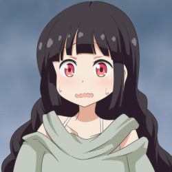 Rule 34 | 1girl, alternate costume, black hair, braid, cato (monocatienus), collarbone, commentary request, grey background, no headwear, open mouth, red eyes, solo, sweatdrop, touhou, twin braids, upper body, wavy mouth, yatadera narumi