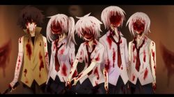 Rule 34 | .flow, 2girls, 3boys, bad id, bad pixiv id, blood, blood on clothes, blood on face, blood splatter, blood stain, boriroba, brown hair, creepy, evil grin, evil smile, grin, guro, horror (theme), kaibutsu, lead pipe, letterboxed, multiple boys, multiple girls, necktie, sabitsuki, school uniform, short hair, smile, smile (.flow), twintails, weapon, white hair