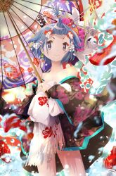 Rule 34 | 1girl, absurdres, bare shoulders, blue eyes, blue hair, highres, japanese clothes, kimono, looking at viewer, magia record: mahou shoujo madoka magica gaiden, mahou shoujo madoka magica, miki sayaka, sengoku chidori, smile, solo