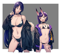 Rule 34 | 2girls, banned artist, bare shoulders, bikini, black bikini, black coat, black jacket, black nails, border, breasts, buckle, cleavage, closed mouth, coat, collar, collarbone, cropped legs, ear piercing, fang, fate/grand order, fate (series), fingernails, fur-trimmed coat, fur trim, grey background, groin, head tilt, highres, horns, iwamoto eiri, jacket, jewelry, large breasts, long fingernails, looking at viewer, lowleg, lowleg bikini, minamoto no raikou (fate), multiple girls, multiple rings, nail polish, navel, necklace, open clothes, open coat, open jacket, open mouth, outside border, parted bangs, piercing, pointy ears, purple eyes, purple hair, ring, short hair, shuten douji (fate), simple background, skin-covered horns, small breasts, smile, stomach, swimsuit, tongue, tongue out, unzipped, white border