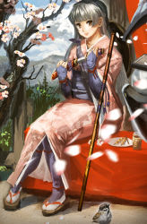 Rule 34 | 1girl, armor, bad id, bad pixiv id, bag, bird, brown eyes, cherry blossoms, cropped, food, japanese clothes, kimono, knife, long hair, original, petals, reverse grip, sandals, sheath, silver hair, sitting, smile, solo, sparrow, staff, tree, unsheathing, vanipo, wagashi, weapon