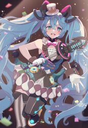 Rule 34 | 1girl, :d, absurdres, aqua eyes, aqua hair, asymmetrical legwear, bow, bowtie, commentary, confetti, gloves, hair between eyes, hair ornament, hat, hatsune miku, highres, holding, holding wand, long hair, looking at viewer, magical mirai (vocaloid), magical mirai miku, magical mirai miku (2019), microphone wand, mini hat, mini top hat, mismatched legwear, neck ruff, nyako (lhq3p), open mouth, pink bow, pink bowtie, revision, smile, solo, teeth, thighhighs, top hat, twintails, upper teeth only, very long hair, vocaloid, wand, white gloves