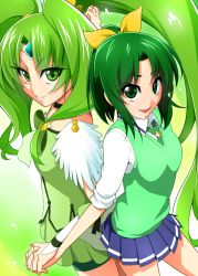 Rule 34 | 10s, 1girl, bad id, bad pixiv id, bike shorts, bow, choker, circlet, cure march, dress, dual persona, eyelashes, green background, green eyes, green hair, green neckwear, green shorts, green skirt, green sweater vest, green theme, grin, hair rings, holding hands, interlocked fingers, magical girl, mattari yufi, midorikawa nao, necktie, open mouth, ponytail, precure, school uniform, shorts, shorts under skirt, simple background, skirt, sleeves rolled up, smile, smile precure!, sweater vest, tiara, tri tails