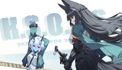 Rule 34 | 2girls, absurdres, animal ear fluff, animal ears, arms up, black hair, black skirt, blue skin, blunt bangs, braid, breasts, closed mouth, colored skin, czk, english text, highres, holding, holding sword, holding weapon, horns, hoshimi miyabi, jacket, katana, long hair, long sleeves, looking at viewer, multiple girls, necktie, open clothes, open jacket, pleated skirt, pointy ears, red eyes, sheath, shirt, short hair, skin-covered horns, skirt, soukaku (zenless zone zero), sword, weapon, white hair, white shirt, zenless zone zero