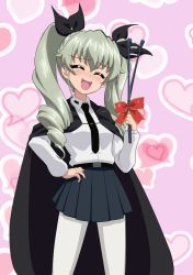 Rule 34 | 1girl, afterimage, anchovy (girls und panzer), anzio school uniform, belt, black belt, black cape, black necktie, black ribbon, black skirt, blush, bow, cape, closed eyes, commentary request, dress shirt, drill hair, facing viewer, girls und panzer, green hair, hair ribbon, hand on own hip, heart, heart background, highres, holding, long hair, long sleeves, miniskirt, motion lines, nao (nao puku777), necktie, open mouth, pantyhose, pleated skirt, purple background, red bow, red eyes, ribbon, riding crop, school uniform, shirt, skirt, smile, solo, standing, twin drills, twintails, white pantyhose, white shirt