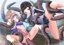 Rule 34 | arms behind back, ass, atelier (series), atelier totori, bar censor, black hair, black shorts, blue shirt, blush, boots, bottomless, breasts, brown eyes, brown hair, censored, echi kanichi, hat, highres, knee boots, legs, long hair, mimi houllier von schwarzlang, nipples, octopus, open mouth, outdoors, pink footwear, pink headwear, pink shirt, purple eyes, pussy, rape, restrained, shirt, short shorts, shorts, side ponytail, small breasts, spread legs, suspension, tentacles, thighs, torn clothes, torn shorts, totooria helmold, vaginal, white shirt
