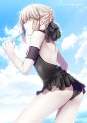 Rule 34 | 1girl, artoria pendragon (all), artoria pendragon (alter swimsuit rider) (first ascension) (fate), artoria pendragon (fate), ass, backless outfit, black bow, black skirt, blonde hair, bow, braid, dated, fate/stay night, fate (series), food, french braid, frills, from side, hair between eyes, hair bow, halterneck, holding, holding food, looking at viewer, nina (pastime), one-piece swimsuit, parted lips, popsicle, profile, saber alter, skirt, solo, swimsuit, thighs, tsurime, twitter username, yellow eyes