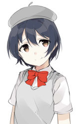 Rule 34 | 1girl, alternate hair length, alternate hairstyle, bad id, bad pixiv id, beret, blue hair, bow, bowtie, closed mouth, commentary request, grey vest, hair between eyes, hat, looking at viewer, love live!, love live! school idol project, red bow, red bowtie, short hair, short sleeves, simple background, smile, solo, sonoda umi, standing, totoki86, upper body, vest, white background, yellow eyes