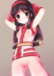 Rule 34 | 1girl, ainu clothes, armpits, arms behind head, black hair, breasts, brown eyes, cleft of venus, fingerless gloves, gloves, hair ribbon, highres, legs, long hair, looking at viewer, nakoruru, nipples, pants, pussy, pussy peek, ribbon, samurai spirits, see-through, small breasts, snk, solo, sweat, the king of fighters, thighs, weapon