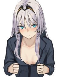 Rule 34 | 1girl, 3 small spiders, an-94 (girls&#039; frontline), aqua eyes, arms up, black hairband, blue jacket, blush, breasts, collarbone, commentary, defy (girls&#039; frontline), girls&#039; frontline, grey hair, hair ornament, hairband, hairpin, highres, jacket, long hair, long sleeves, looking at viewer, open clothes, open jacket, open mouth, sidelocks, simple background, small breasts, solo, upper body, white background