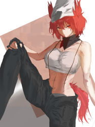 Rule 34 | 1girl, absurdres, arknights, bandana, bare arms, bare shoulders, beanie, black pants, commentary, fiammetta (arknights), hat, highres, knee up, medic (pkenpitak), midriff, navel, official alternate costume, pants, pointy hair, red eyes, red hair, short hair, solo, stomach, strapless, suspenders, symbol-only commentary, tube top, white hat
