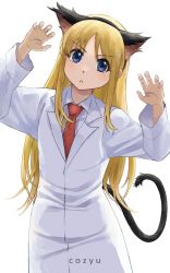 Rule 34 | 1girl, :&lt;, absurdres, animal ears, black hairband, blonde hair, blue eyes, cat ears, character name, claw pose, closed mouth, cozyu, fake animal ears, hairband, hands up, highres, lab coat, long hair, looking at viewer, necktie, nichijou, professor shinonome, red necktie, simple background, solo, very long hair, white background