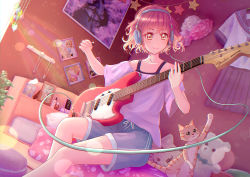 Rule 34 | bed, brown eyes, cable, cat, dutch angle, electric guitar, fender mustang, guitar, headphones, higenekopic, highres, indoors, instrument, music, nail polish bottle, original, photo (object), pillow, pink hair, plant, playing instrument, plectrum, poster (object), purple shirt, school uniform, shirt, shorts, smile