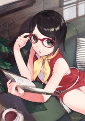 Rule 34 | 1girl, absurdres, artist name, bare arms, bare shoulders, black eyes, black hair, book, boruto: naruto next generations, commentary request, cup, glasses, highres, holding, holding book, jacket, kuukai (adexi), looking at viewer, naruto (series), open book, parted lips, pillow, red-framed eyewear, red jacket, short hair, sitting, solo, striped pillow, teacup, uchiha sarada, wooden wall