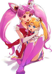 Rule 34 | 2girls, absurdres, age regression, age switch, aged down, aged up, aki (mare desiderii), bishoujo senshi sailor moon, blonde hair, blush, boots, brooch, chibi usa, cone hair bun, double bun, elbow gloves, full body, gloves, hair bun, hair ornament, heart, heart brooch, high heel boots, high heels, highres, jewelry, long hair, looking at viewer, multiple girls, open mouth, pink footwear, pink hair, pleated skirt, red eyes, red footwear, sailor chibi moon, sailor moon, simple background, sitting, sitting on lap, sitting on person, skirt, super sailor chibi moon, super sailor moon, tsukino usagi, twintails, white background