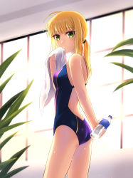 Rule 34 | 1girl, absurdres, ahoge, artoria pendragon (all), artoria pendragon (fate), ass, blonde hair, blue one-piece swimsuit, bottle, closed mouth, competition swimsuit, cowboy shot, fate/stay night, fate (series), from side, green eyes, highres, holding, holding bottle, holding towel, kanikanidosanko, long hair, official alternate costume, one-piece swimsuit, ponytail, saber (fate), saber (summer battle clothes) (fate), solo, standing, swimsuit, towel, water bottle, white towel