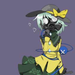 Rule 34 | 1girl, black gloves, black hat, bow, floral print, gas mask, gloves, green hair, green skirt, hand on own face, hand up, hat, hat bow, head tilt, heart, highres, komeiji koishi, long sleeves, looking at viewer, mask, menou, miniskirt, purple background, shirt, simple background, skirt, solo, third eye, touhou, yellow bow, yellow shirt