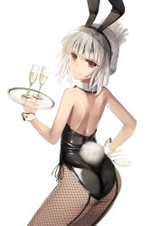 Rule 34 | 1girl, altera (fate), alternate hairstyle, animal ears, ass, bunny girl, cup, dark-skinned female, dark skin, detached collar, drinking glass, fake animal ears, fake tail, fate (series), fishnets, hand on own hip, highres, looking at viewer, looking back, plate, rabbit tail, red eyes, simple background, solo, sunga2usagi, tail, tray, white background, white hair, wine glass