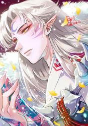 Rule 34 | 1boy, artist name, crescent, dated, expressionless, facial mark, fingernails, forehead mark, inuyasha, japanese clothes, long hair, looking at viewer, male focus, petals, pointy ears, portrait, ryo (ryoxkj), sesshoumaru, silver hair, solo, yellow eyes