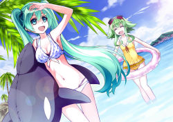 Rule 34 | 2girls, 54hao, aqua eyes, aqua hair, arm up, armpits, bad id, bad pixiv id, bikini, closed eyes, cloud, day, dutch angle, goggles, goggles on head, green eyes, green hair, gumi, hatsune miku, highres, inflatable toy, inflatable whale, innertube, lens flare, long hair, multiple girls, navel, one-piece swimsuit, open mouth, outdoors, palm tree, sky, swim ring, swimsuit, thigh gap, tree, twintails, very long hair, vocaloid, wading, water