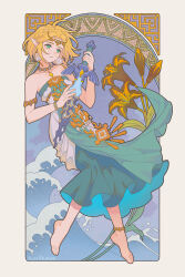 Rule 34 | 1girl, artist name, barefoot, blonde hair, border, braid, commentary, commission, crown braid, dress, english commentary, green dress, green eyes, highres, holding, holding sword, holding weapon, jewelry, long dress, magatama, magatama necklace, master sword, necklace, nintendo, outside border, parted lips, pointy ears, princess zelda, rutiwa, short hair, strapless, strapless dress, sword, the legend of zelda, the legend of zelda: tears of the kingdom, toes, twitter username, waves, weapon, white border