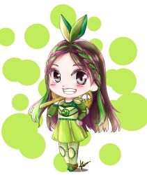 Rule 34 | 1girl, bow, braided sidelock, brown hair, chibi, circle, commentary, dress, elbow pads, english commentary, eyelashes, gfriend, green dress, green hair, hair bow, hand on own hip, highres, k-pop, kasurinjung, knee pads, long hair, long sleeves, looking to the side, real life, signature, sinb (gfriend), smile, solo