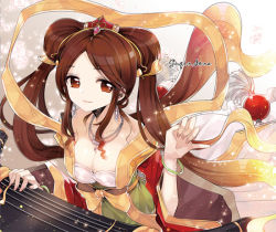 Rule 34 | 1girl, alternate costume, alternate hair color, asamiyajy, bracelet, breasts, brown eyes, brown hair, cleavage, dress, earrings, guqin sona, instrument, jewelry, league of legends, long hair, long sleeves, lots of jewelry, necklace, smile, solo, sona (league of legends), sparkle, twintails