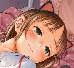 Rule 34 | 1girl, animal ears, bad id, bad pixiv id, bed sheet, blush, brown hair, cat ears, close-up, closed mouth, cropped, fake animal ears, frilled pillow, frills, green eyes, indoors, looking at viewer, lying, on back, on bed, original, pillow, polka dot, portrait, red ribbon, ribbon, shirt, short hair, solo, wadachitokakeru, white shirt