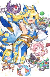 Rule 34 | 1girl, absurdres, alternate costume, bird, blonde hair, blue eyes, blush, breasts, commentary request, detached sleeves, fang, ferule, flower, full body, gloves, hair flower, hair ornament, highres, japanese clothes, kimono, kuuron (moesann17), looking at viewer, medium breasts, multicolored hair, puzzle &amp; dragons, sideboob, simple background, solo, two-tone hair, white background, yukata