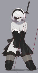 Rule 34 | 1girl, bare shoulders, black dress, black footwear, black thighhighs, blindfold, boots, breasts, collarbone, dress, full body, kneeling, nier (series), nier:automata, short hair, silver hair, solo, sword, thigh boots, thighhighs, torn clothes, vic (vedream), weapon, white background, 2b (nier:automata)