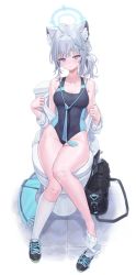 Rule 34 | 1girl, absurdres, animal ear fluff, animal ears, blue archive, blush, breasts, cleavage, clothes pull, collarbone, competition swimsuit, full body, grey hair, groin, highres, jitome, looking at viewer, medium breasts, one-piece swimsuit, open clothes, open shirt, p00nipooni, ponytail, scarf, unworn scarf, school uniform, shiroko (blue archive), shiroko (swimsuit) (blue archive), shirt, shirt pull, side ponytail, simple background, sitting, sock pull, solo, sweatdrop, swimsuit, tile floor, tiles, toilet seat, white shirt, wolf ears