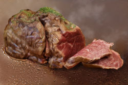 Rule 34 | beef, condensation, food, food focus, garnish, meat, no humans, original, realistic, simple background, steam, still life, toshi (hokkaido2015)