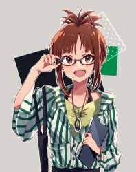 Rule 34 | 1girl, akizuki ritsuko, anaroguya, antenna hair, black-framed eyewear, blush, breasts, brown eyes, brown hair, buttons, clipboard, collarbone, commentary, glasses, grey background, hands on eyewear, highres, holding, holding clipboard, idolmaster, idolmaster (classic), looking at viewer, open mouth, shirt, short hair, short ponytail, simple background, smile, solo, striped clothes, striped shirt, upper body, vertical-striped clothes, vertical-striped shirt