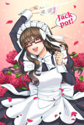 Rule 34 | 1girl, apron, arm up, blush, bow, brittany scarborough, brown-framed eyewear, brown hair, chief maid, clenched hand, english text, closed eyes, flower, glasses, grin, holding, long hair, lowres, maid, maid apron, maid headdress, open mouth, petals, ribbon, rose, smile, solo, sword girls