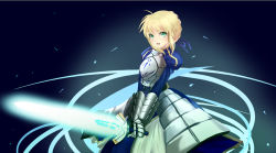 Rule 34 | 1girl, ahoge, armor, armored dress, artoria pendragon (fate), blonde hair, dress, excalibur (fate/stay night), fate/stay night, fate (series), faulds, gauntlets, glowing, glowing sword, glowing weapon, green eyes, hiroshilufia, puffy sleeves, saber (fate), solo, sword, weapon