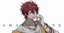 Rule 34 | 1boy, amagi rinne, blue eyes, bracelet, chain, chain necklace, character name, collarbone, earrings, ensemble stars!, hair between eyes, jacket, jewelry, looking at viewer, male focus, necklace, open mouth, red hair, sakuraihum, shirt, short hair, solo, white background, white jacket, white shirt